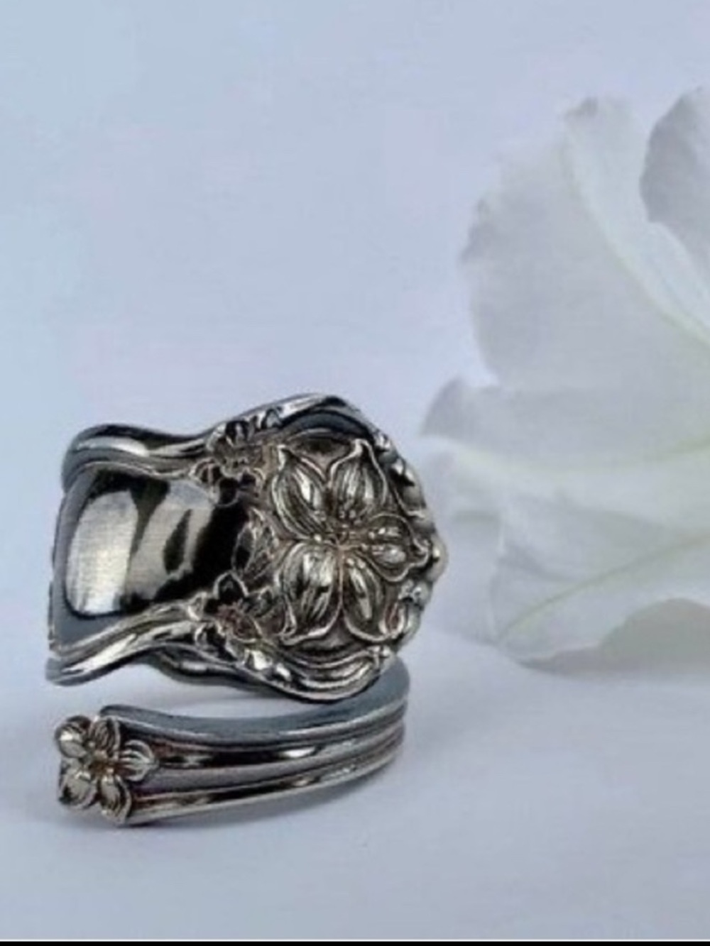 1910 Spoon Ring Orange Blosson Handcrafted Artisan Silverplate Vintage J…